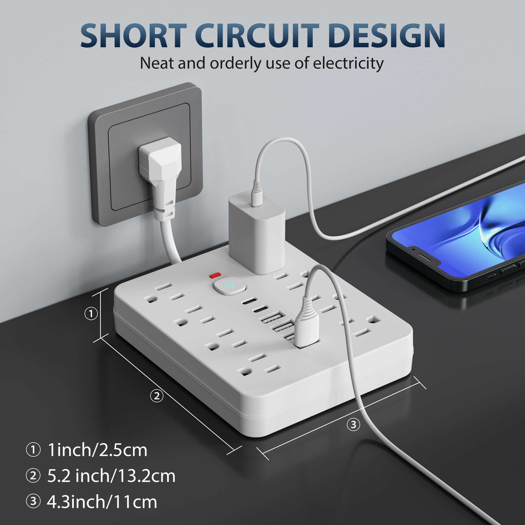 Flat 4-in-1 Power Strip with Surge Protection and One-Touch Control Switch US Plug, 110V-130V Rectangle Power Supply
