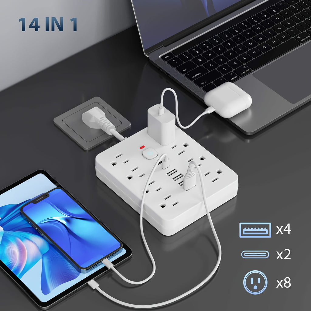 Flat 4-in-1 Power Strip with Surge Protection and One-Touch Control Switch US Plug, 110V-130V Rectangle Power Supply