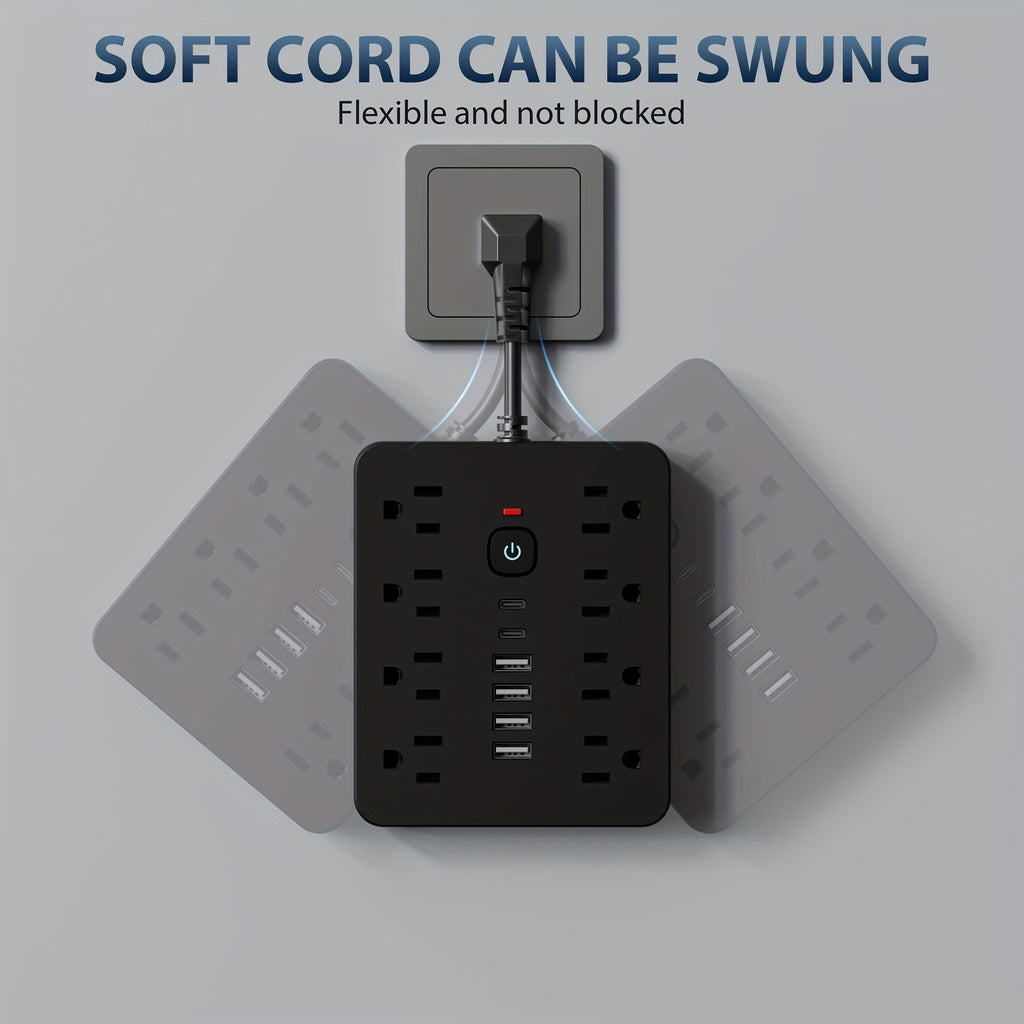 Flat 4-in-1 Power Strip with Surge Protection and One-Touch Control Switch US Plug, 110V-130V Rectangle Power Supply