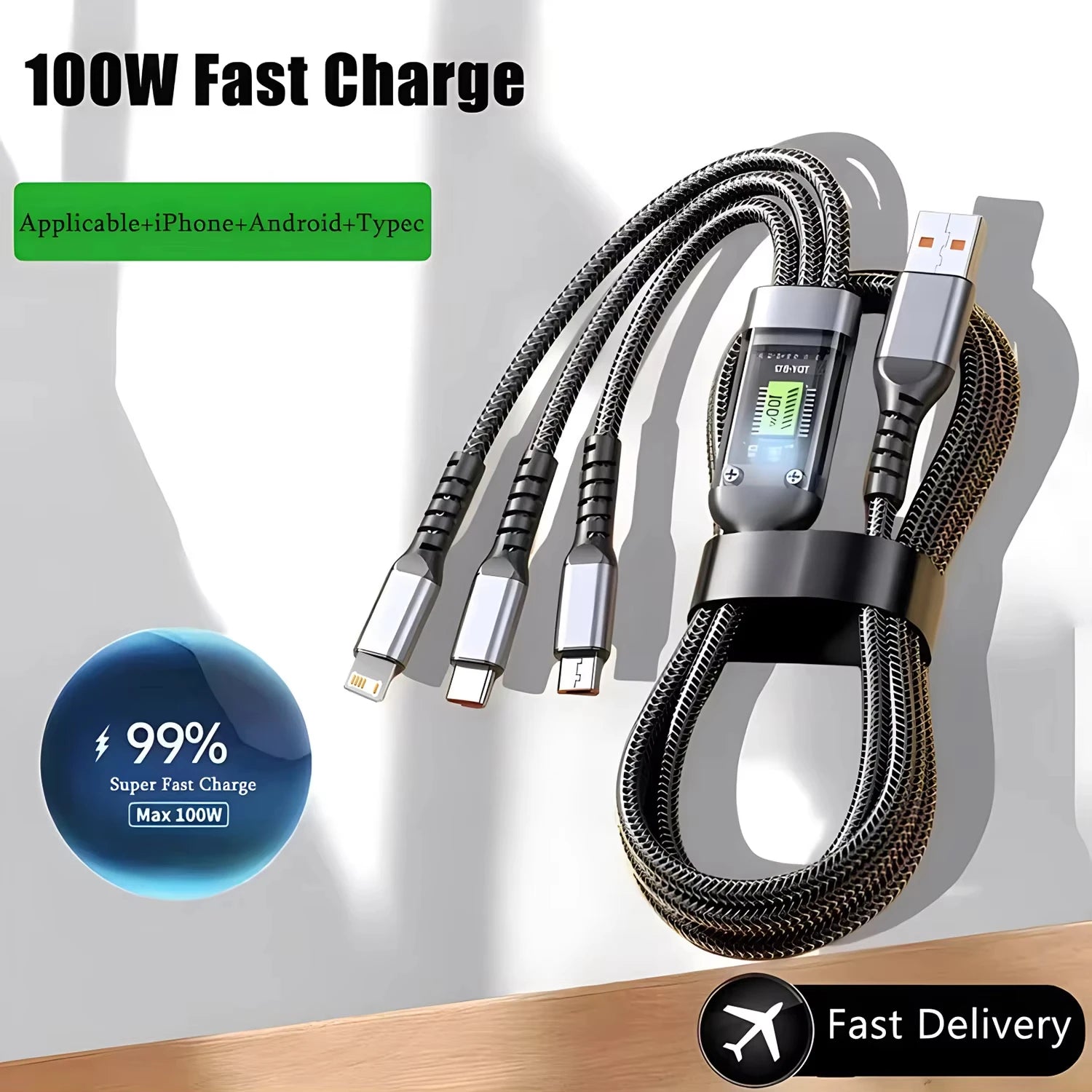 3-in-1 Fast Charger USB To Type-C, LIGHTNING Cable For iPhone samsung