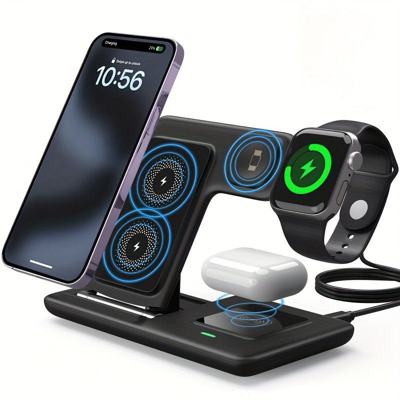 Foldable 3-in-1 Wireless Charging Station for Multiple Devices | Fast Charger Stand Dock for iWatch Series 9 8 7 6 SE 5 4 3 2, Ultra Airpods Pro 3 2, for iphone 17/16/15/14/13/12/11
